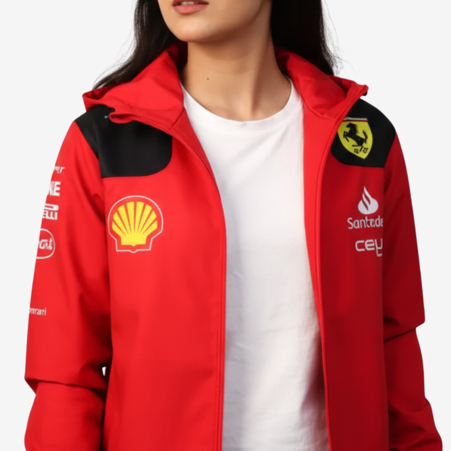 Women Red Racing Style Hooded Jacket
